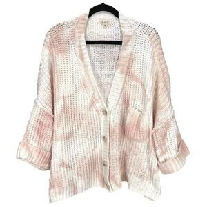 POL Women's 1/2 Sleeve OVERSIZED SLOUCH SWEATER Pink White BUTTON FRONT Small